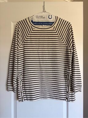 Lou & Grey Cream and Black Striped Button-Side Crewneck Sweater